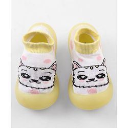 Cute Walk by Babyhug Slip-On Closure Sock Shoes With Cat Print - Yellow