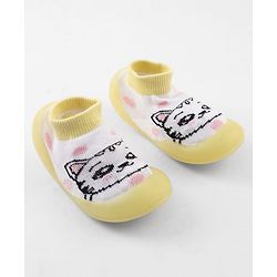 Cute Walk by Babyhug Slip-On Closure Sock Shoes With Cat Print - Yellow