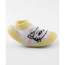 Cute Walk by Babyhug Slip-On Closure Sock Shoes With Cat Print - Yellow