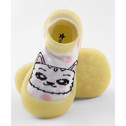 Cute Walk by Babyhug Slip-On Closure Sock Shoes With Cat Print - Yellow