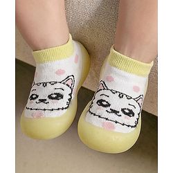 Cute Walk by Babyhug Slip-On Closure Sock Shoes With Cat Print - Yellow