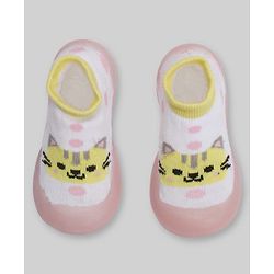 Cute Walk by Babyhug Slip On Closure Sock shoes With Cat Design - Pink & White