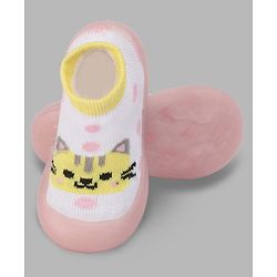 Cute Walk by Babyhug Slip On Closure Sock shoes With Cat Design - Pink & White