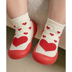 Cute Walk by Babyhug Slip-On Closure Sock Shoes With Heart Print - Red