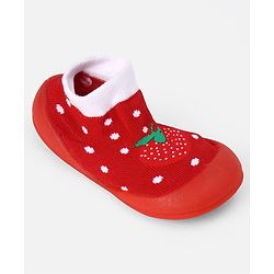 Cute Walk by Babyhug Slip On Sock Shoes With Strawberry Design - Red & White