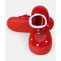Cute Walk by Babyhug Slip On Sock Shoes With Strawberry Design - Red & White