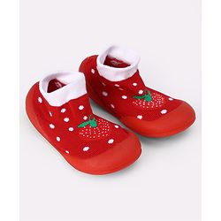 Cute Walk by Babyhug Slip On Sock Shoes With Strawberry Design - Red & White