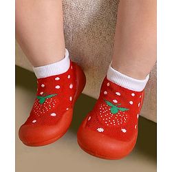 Cute Walk by Babyhug Slip On Sock Shoes With Strawberry Design - Red & White