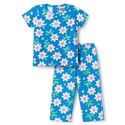 Babyhug 100% Cotton Knit Half Sleeves Floral Printed Co-Ords T-Shirt & Pyjama Night Suit - Blue
