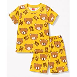 Babyhug 100% Cotton Knit Half Sleeves Co Ord T-Shirt & Shorts Night Suit Bear Print - Yellow