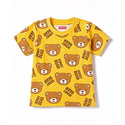 Babyhug 100% Cotton Knit Half Sleeves Co Ord T-Shirt & Shorts Night Suit Bear Print - Yellow
