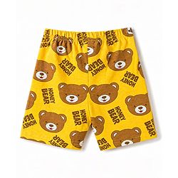 Babyhug 100% Cotton Knit Half Sleeves Co Ord T-Shirt & Shorts Night Suit Bear Print - Yellow