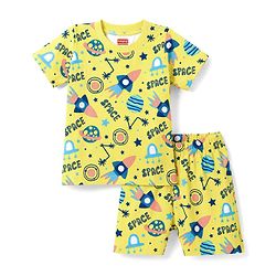 Babyhug 100% Cotton Knit Half Sleeves Co Ord T-Shirt & Shorts Night Suit Space Print - Yellow