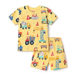 Babyhug Cotton Knit Half Sleeves T-Shirt & Shorts Co-Ord Night Suit With Vehicle Print - Yellow