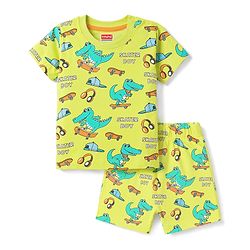 Babyhug Cotton Knit Half Sleeves T-Shirt & Shorts Co-Ord Night Suit With Dino Print - Green