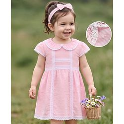 Babyhug 100% Cotton Woven Half Sleeves Frock With Lace Detailing & Headband - Pink