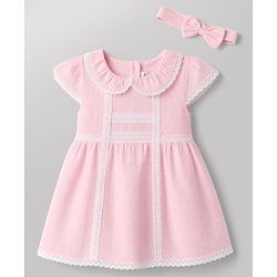 Babyhug 100% Cotton Woven Half Sleeves Frock With Lace Detailing & Headband - Pink