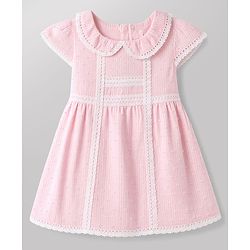 Babyhug 100% Cotton Woven Half Sleeves Frock With Lace Detailing & Headband - Pink