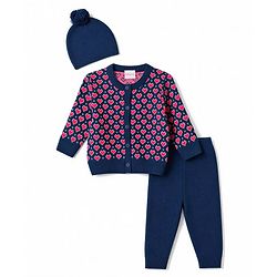 Babyhug Knit Full Sleeves Heart Designed Sweater Set with Cap  - Navy