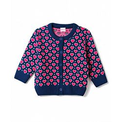 Babyhug Knit Full Sleeves Heart Designed Sweater Set with Cap  - Navy