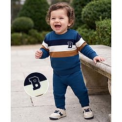 Babyhug Knit Full Sleeves Sweater Set with Colour Block Design - Navy
