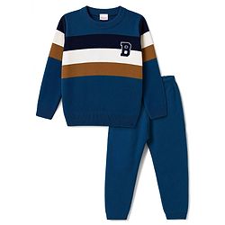 Babyhug Knit Full Sleeves Sweater Set with Colour Block Design - Navy