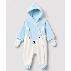 Babyhug Fur Woven Full Sleeves Hooded Footed Winter Wear Rompers With Applique - Light Blue