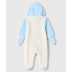 Babyhug Fur Woven Full Sleeves Hooded Footed Winter Wear Rompers With Applique - Light Blue