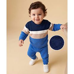 Babyhug Knit Full Sleeves Colour Block Striped Sweater Set - Blue