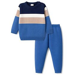 Babyhug Knit Full Sleeves Colour Block Striped Sweater Set - Blue