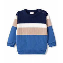 Babyhug Knit Full Sleeves Colour Block Striped Sweater Set - Blue