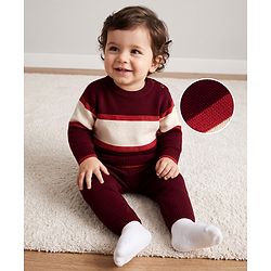 Babyhug Knit Full Sleeves Sweater Set with Colour Block Design - Maroon