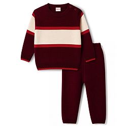 Babyhug Knit Full Sleeves Sweater Set with Colour Block Design - Maroon