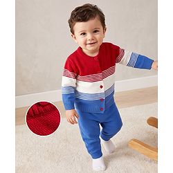 Babyhug Knit Full Sleeves Colour Block Striped Sweater Set -Royal Blue