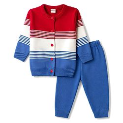 Babyhug Knit Full Sleeves Colour Block Striped Sweater Set -Royal Blue
