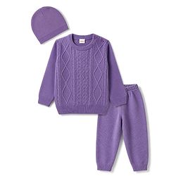 Babyhug Knit Full Sleeves Sweater Set With Cable Knit & Cap - Lavender