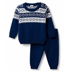 Babyhug Knit Full Sleeves Sweater Set With Hearts Design - Teal Blue