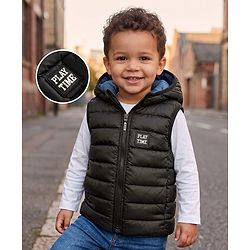 Babyhug Woven Sleeveless Solid Colour Padded Hooded Jacket - Black