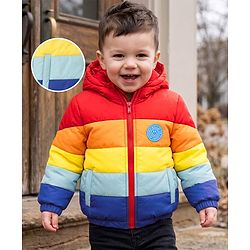 Babyhug Woven Full Sleeves Colour Block Stripes Padded Jacket with Hood - Multicolour