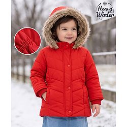 Babyhug Woven Full Sleeves Solid Colour Padded Jacket with Hood - Red
