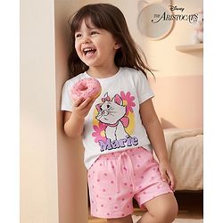 Babyhug Disney Single Jersey Knit Half Sleeves T-Shirt & Shorts Night Suit with Marie Graphics - White & Pink