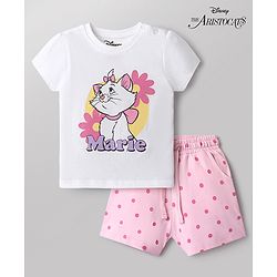 Babyhug Disney Single Jersey Knit Half Sleeves T-Shirt & Shorts Night Suit with Marie Graphics - White & Pink