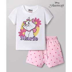 Babyhug Disney Single Jersey Knit Half Sleeves T-Shirt & Shorts Night Suit with Marie Graphics - White & Pink
