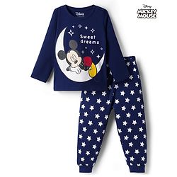 Babyhug Disney 100% Cotton Knit Full Sleeves T-Shirt & Pyjama Night Suit With Micky Mouse Graphics - Navy Blue