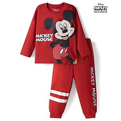 Babyhug Disney 100% Cotton Knit Full Sleeves T-Shirt & Pyjama Night Suit With Mickey Mouse Graphic - Red