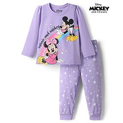 Babyhug Disney 100% Cotton Knit Full Sleeves T-Shirt & Pyjama Night Suit With Minnie & Mickey Mouse Graphic - Lavender