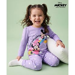 Babyhug Disney 100% Cotton Knit Full Sleeves T-Shirt & Pyjama Night Suit With Minnie & Mickey Mouse Graphic - Lavender