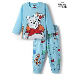 Babyhug Disney 100% Cotton Knit Full Sleeves T-Shirt & Pyjama Night Suit With Winnie The Pooh Graphics - Light Blue