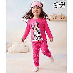 Babyhug Disney 100% Cotton Knit Full Sleeves T-Shirt & Pyjama Night Suit With Minnie Mouse Graphic - Pink