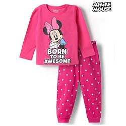 Babyhug Disney 100% Cotton Knit Full Sleeves T-Shirt & Pyjama Night Suit With Minnie Mouse Graphic - Pink
